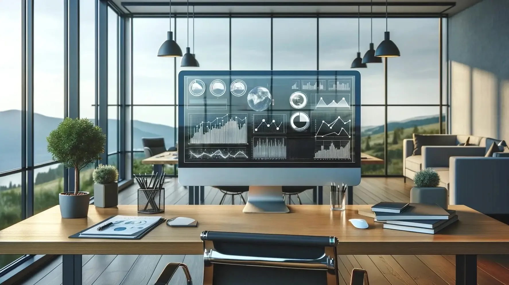 Moderner Büroraum mit raumhohen Fenstern und Blick auf Berge; auf dem Schreibtisch ein großer Monitor, der zahlreiche Diagramme und Kennzahlen anzeigt