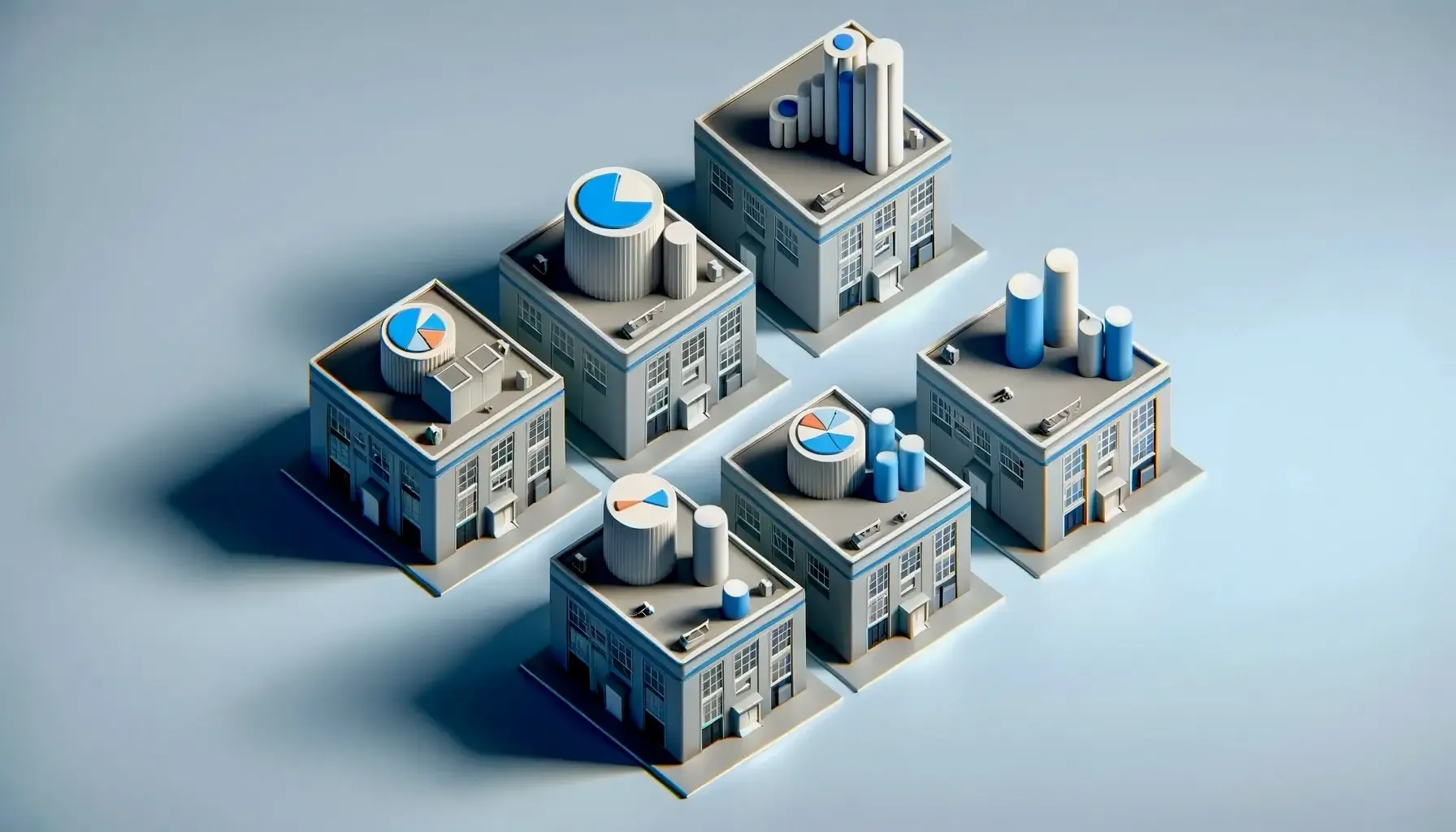 Five isometric factory buildings with pie charts, bars and silos on their roofs