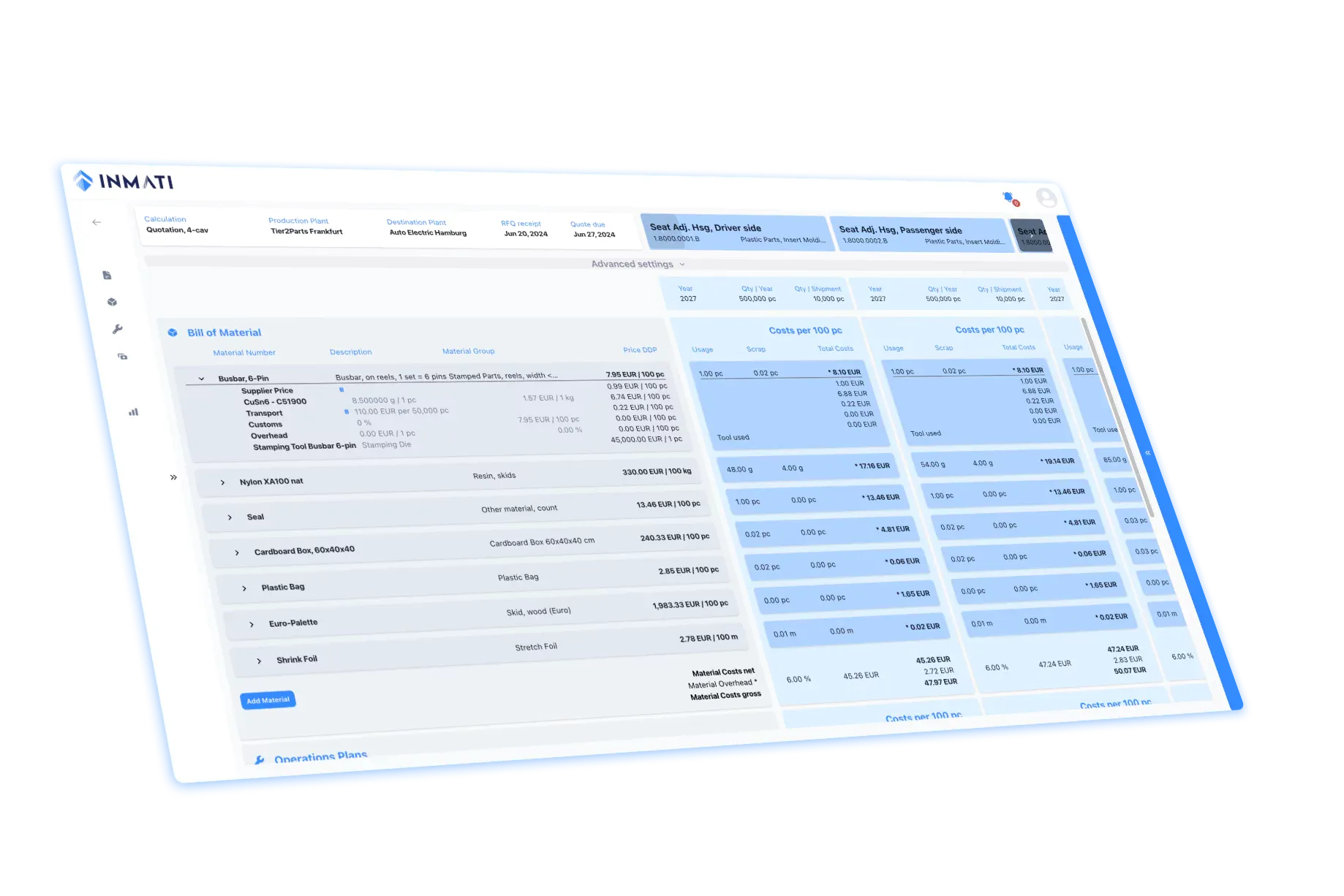InnoMati calculation view with a bill of material and the costs per 100 pieces, broken down by usage, scrap and total cost