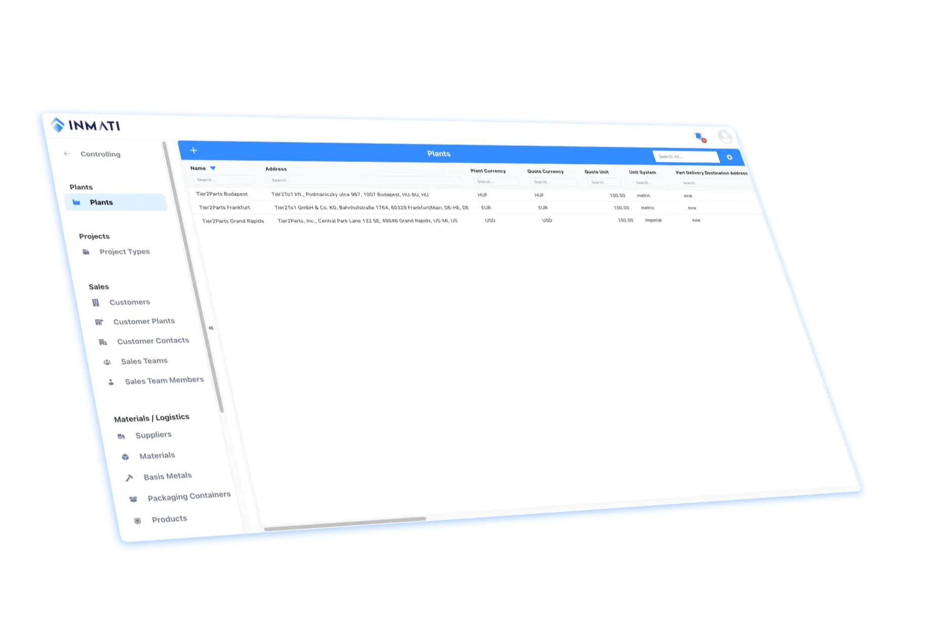 InnoMati controlling area showing the "Plants" master-data table and the side navigation for projects, sales, and materials and logistics
